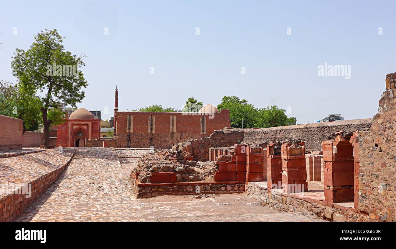 La vue en ruines du complexe du palais Firoz Shah et du Lat ki Masjid, Hissar, Haryana, Inde. Banque D'Images