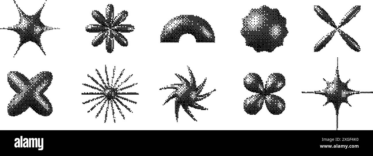 Jeu de formes pixelisées 3D an 2K. Bitmap étoiles, fleurs, collection d'éléments étincelants. Retro 8 bits sticker formes pour affiches, bannières, collage, design graphique, tatouage. Pack de tramage vectoriel Illustration de Vecteur