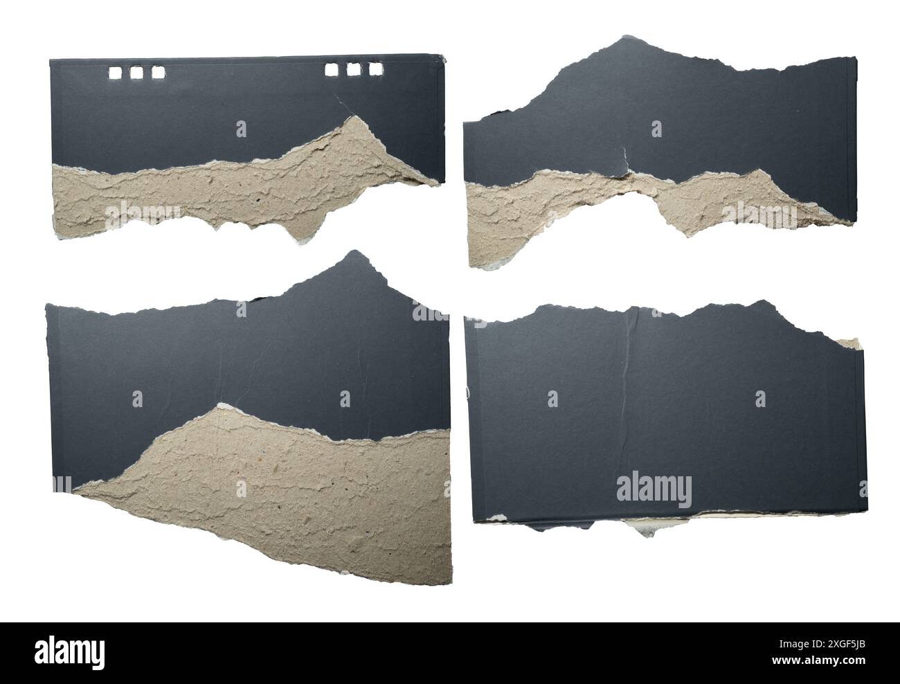 Papier noir et gris déchiré d'un support de calendrier de bureau sur fond blanc avec chemin de détourage Banque D'Images