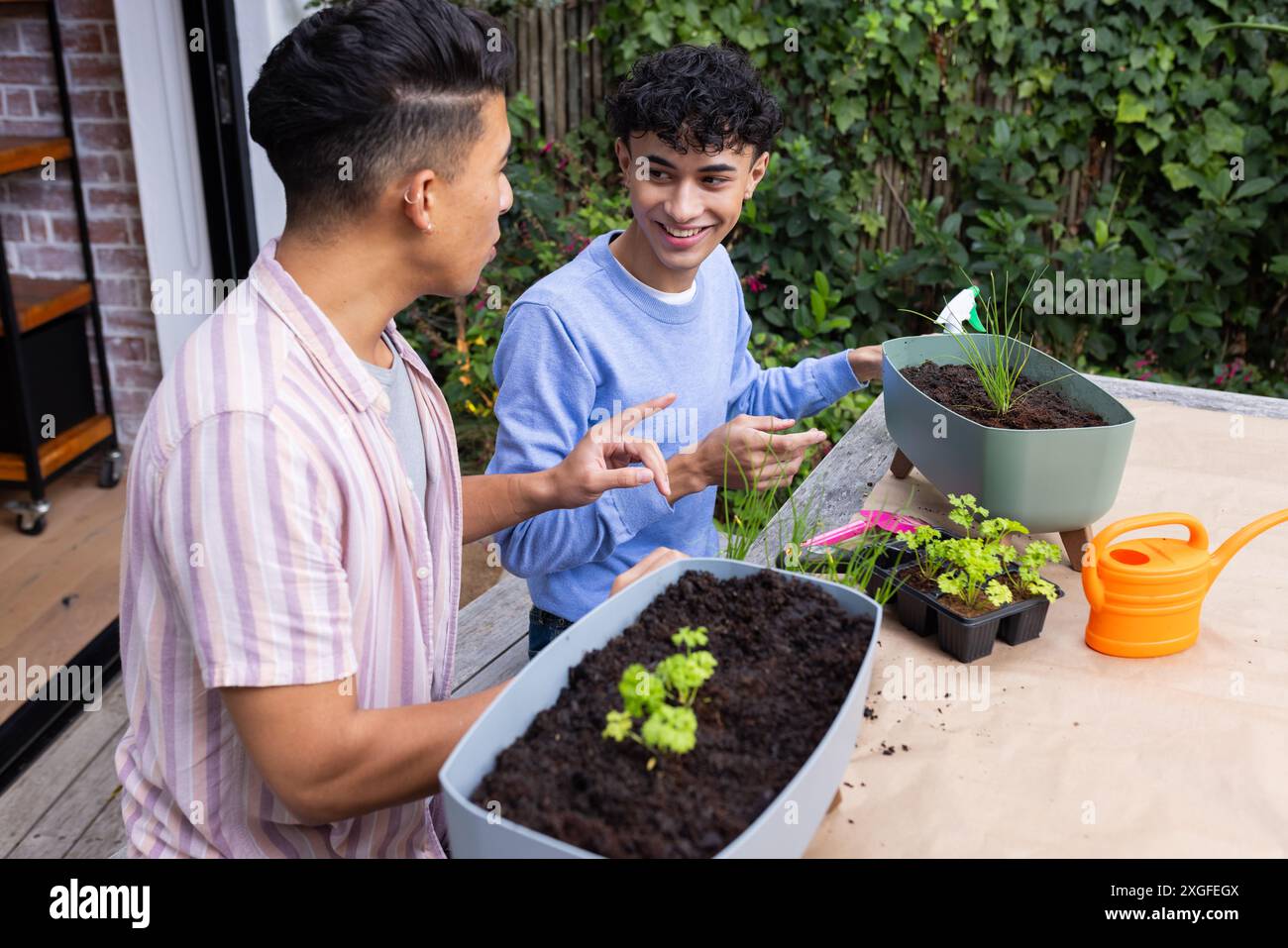 Planter des herbes dans des pots, deux hommes jardinant ensemble à l'extérieur, souriant et parlant Banque D'Images