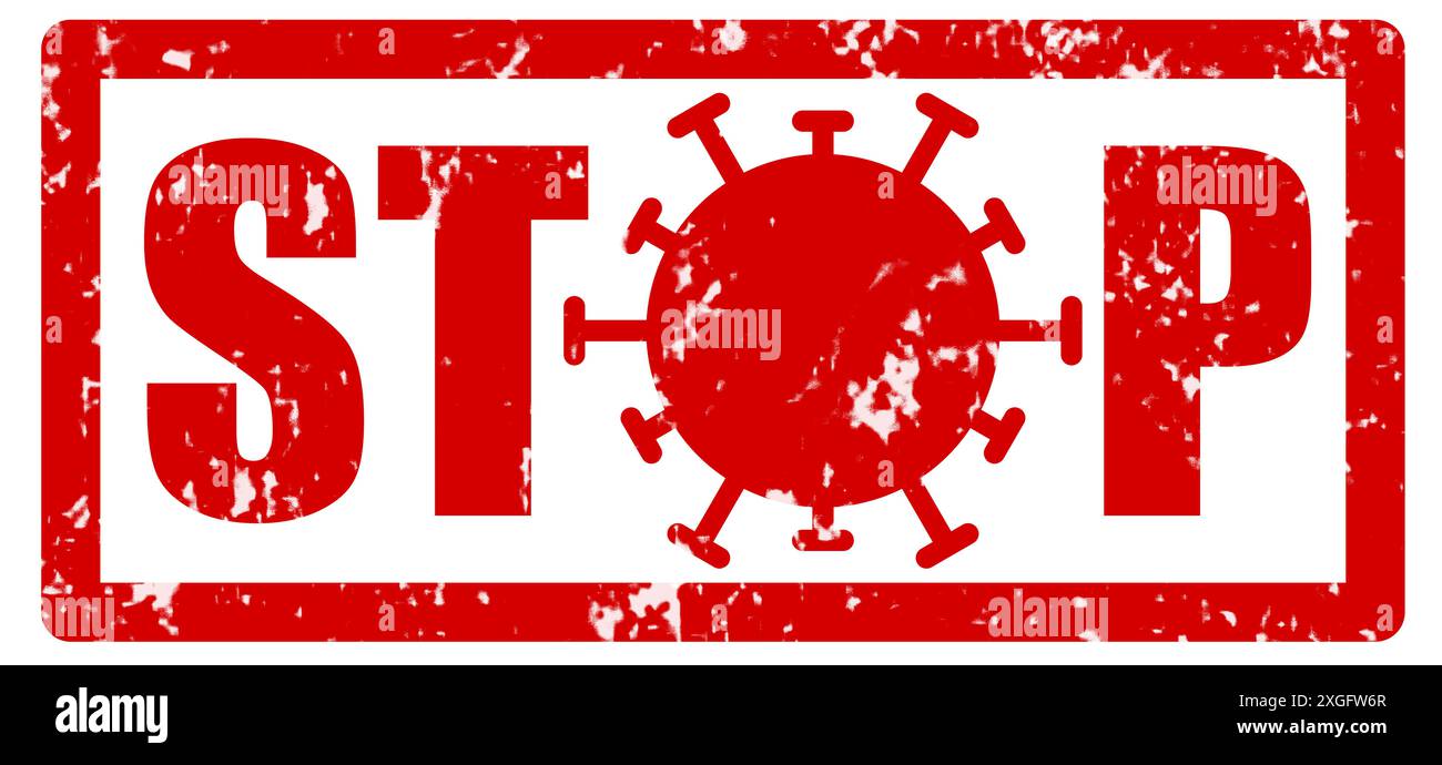 Timbre grunge rouge avec un texte STOP pour ralentir l’infection par le virus corona COVID-19 avec O remplacé par l’illustration du virus SARS-CoV-2 Banque D'Images