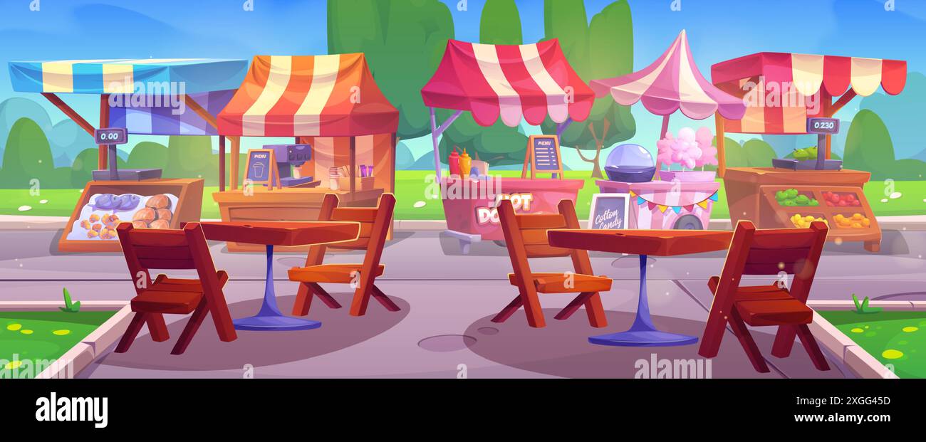 Stands de nourriture de rue dans le parc de la ville d'été. Illustration vectorielle de dessin animé de stand extérieur vendant des fruits de mer, café, hot dogs, fil de sucrerie, fruits et légumes, tables et chaises en bois sur la voie, arbres verts Illustration de Vecteur