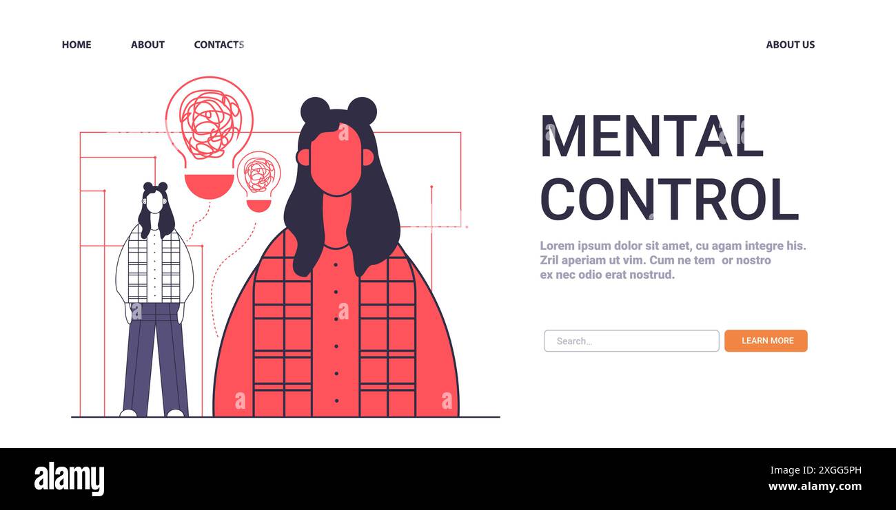 Concept de santé mentale femme luttant avec des pensées illustration abstraite mettant en vedette une grande figure féminine plus petite pensée bulles rouges et bleues Illustration de Vecteur