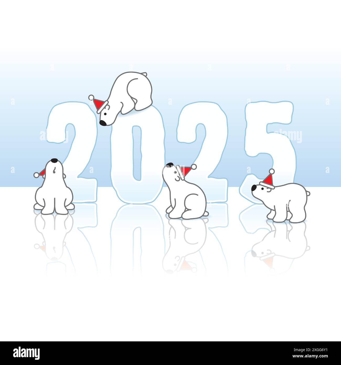 Quatre ours polaires mignons portant des chapeaux de Père Noël autour de la sculpture glacée du nouvel an 2025 avec des reflets sur un fond bleu froid Illustration de Vecteur