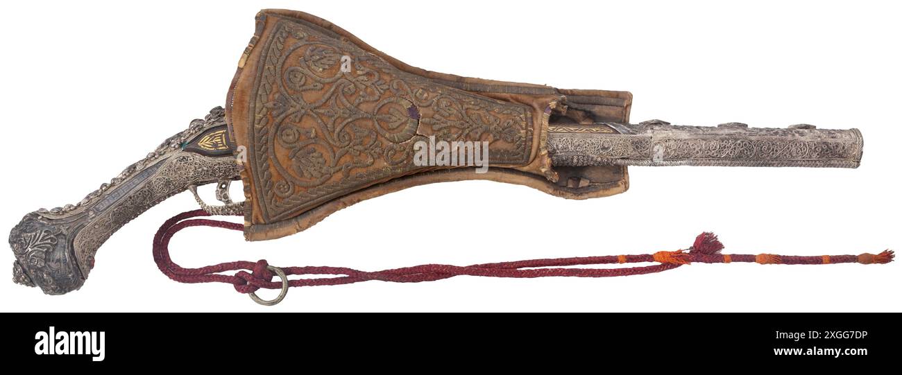 Un pistolet ottoman à silex incrusté d'or, le stock et l'étui décorés de filigrane d'argent, 19ème siècle, AVEC AUTORISATION DE PROPRIÉTÉ Banque D'Images