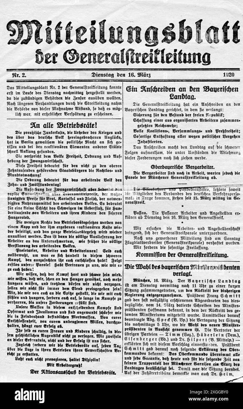 Kapp Putsch, 13.3. - 17.3,1920, grève générale, bulletin de la direction de la grève numéro 2, Munich, ADDITIONAL-RIGHTS-LEARANCE-INFO-NOT-AVAILABLE Banque D'Images