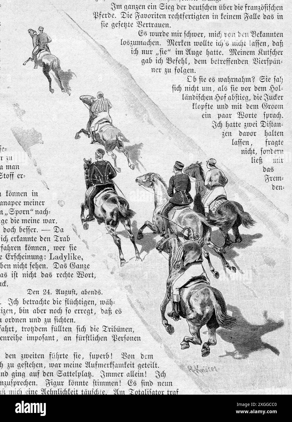 Sports, équitation, courses de chevaux, sur le parcours de course, gravure sur bois basée sur le dessin de Richard Knoetel, LE DROIT D'AUTEUR DE L'ARTISTE N'A PAS À ÊTRE EFFACÉ Banque D'Images