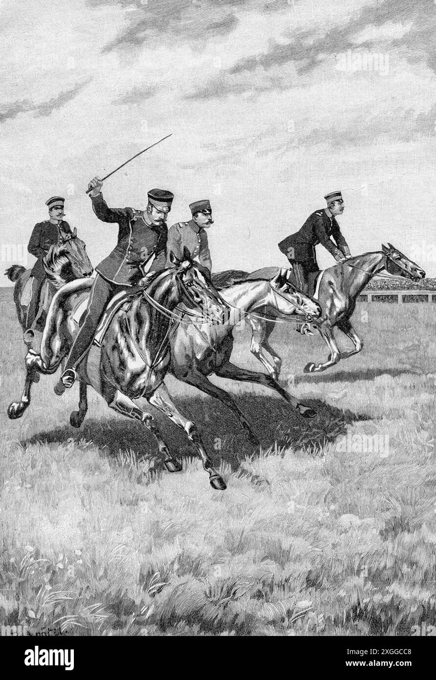 Sports, équitation, course de chevaux, course d'officiers, gravure sur bois basée sur le dessin de Richard Knoetel, LE DROIT D'AUTEUR DE L'ARTISTE N'A PAS À ÊTRE EFFACÉ Banque D'Images