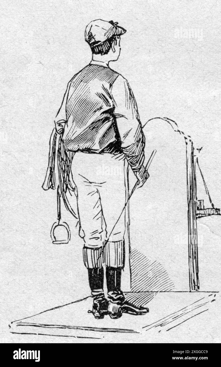 Sports, équitation, course de chevaux, jockey sur l'échelle, gravure sur bois basée sur le dessin de Richard Knoetel, LE DROIT D'AUTEUR DE L'ARTISTE N'A PAS À ÊTRE EFFACÉ Banque D'Images