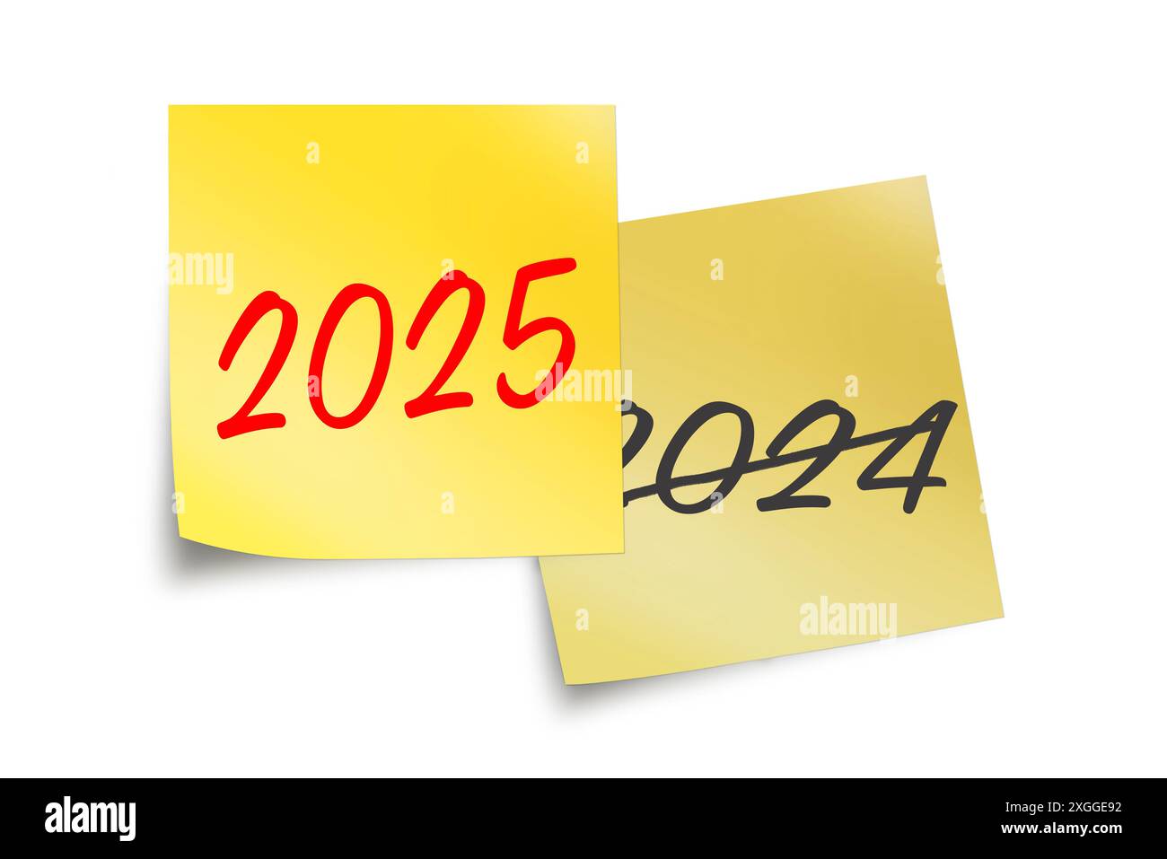 2025 et 2024 écrits sur des notes adhésives jaunes isolés sur blanc, illustration commerciale du nouvel an Banque D'Images