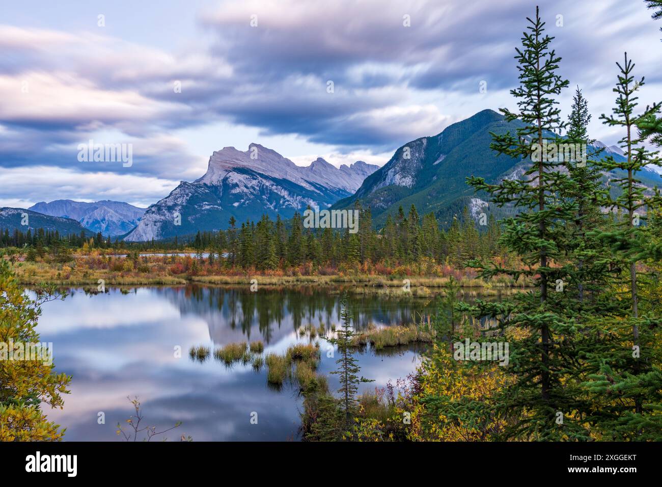 Vermilion Lakes vue panoramique en saison de feuillage d'automne au coucher du soleil. Parc national Banff, Rocheuses canadiennes, Alberta, Canada. Arbres colorés. Banque D'Images