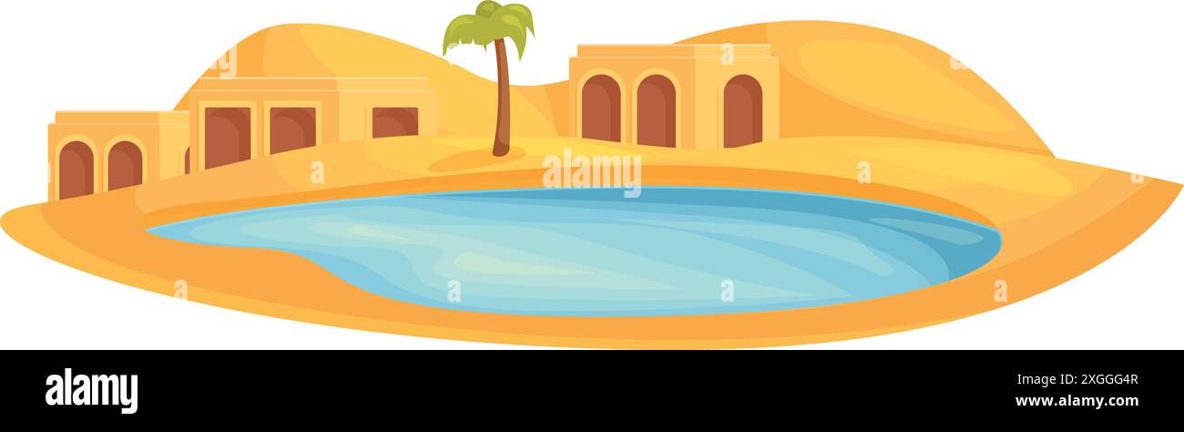 Oasis avec un lac entouré de dunes de sable et de bâtiments traditionnels dans un style de dessin animé plat Illustration de Vecteur