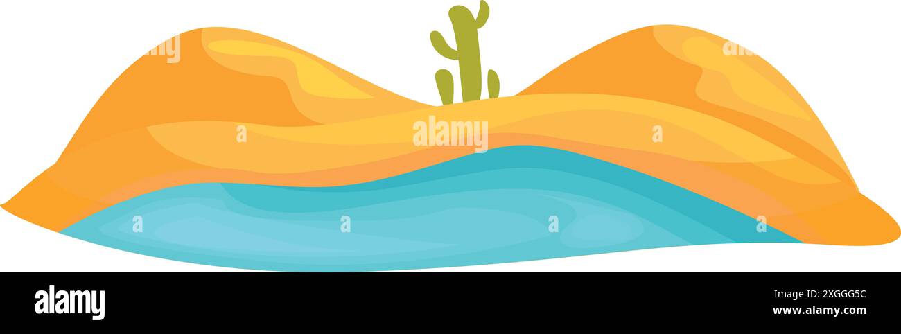 Oasis désertique avec des cactus poussant sur des dunes de sable entourant un petit plan d'eau Illustration de Vecteur