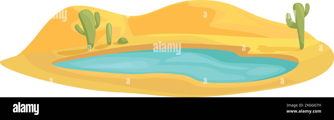 Oasis forme un petit lac au milieu du désert où poussent les cactus Illustration de Vecteur