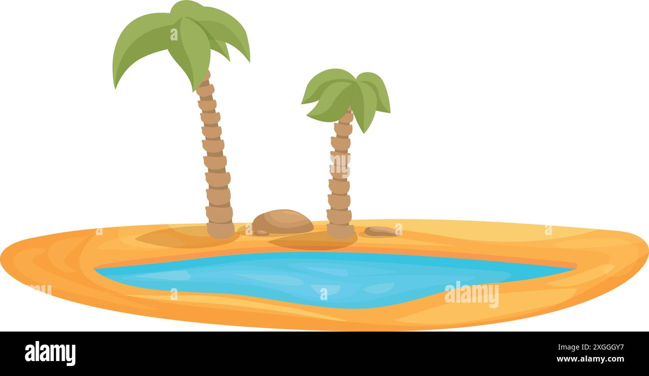 Deux palmiers poussant près d'oasis dans le désert avec de l'eau et du sable Illustration de Vecteur