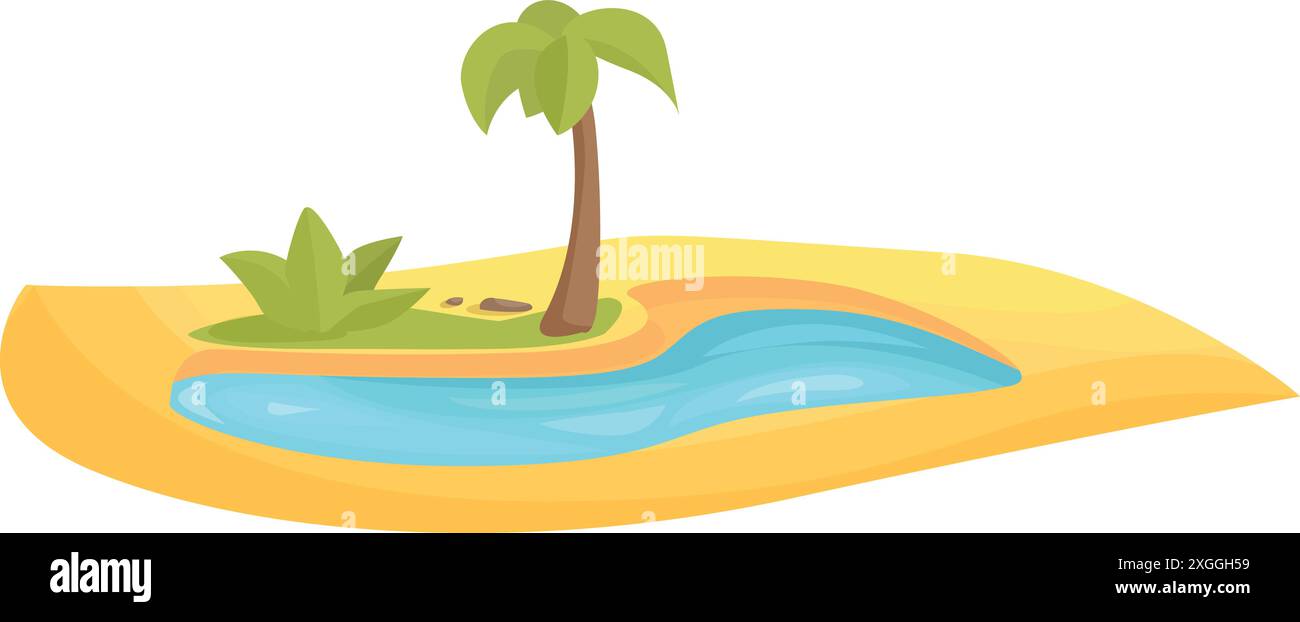 Petite oasis tropicale avec rivière qui coule à travers un paysage désertique chaud et aride Illustration de Vecteur