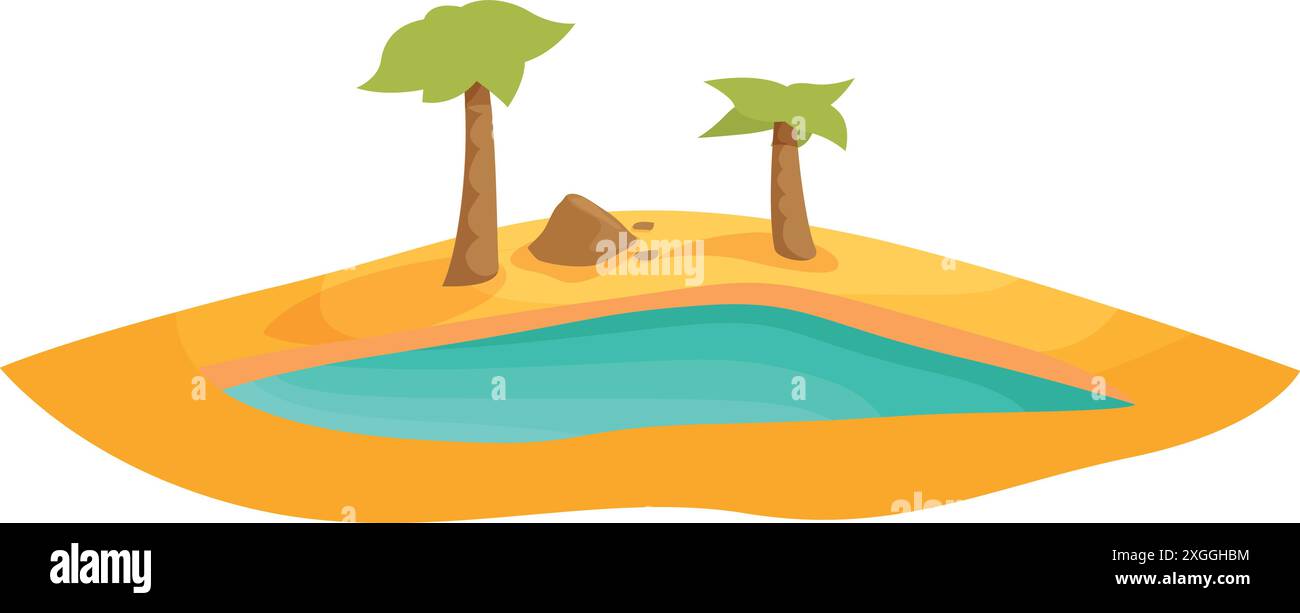 Oasis avec de l'eau bleue et des palmiers poussant sur un sol sablonneux Illustration de Vecteur