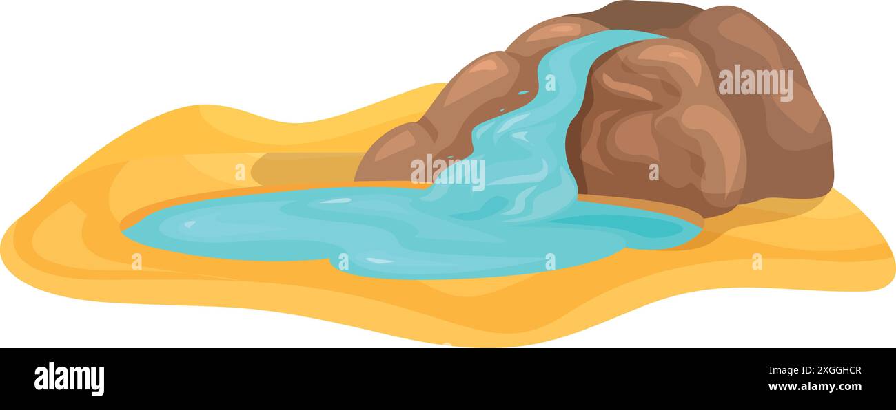 Illustration représentant une petite cascade coulant de pierres, créant un étang dans le sable sec du désert Illustration de Vecteur