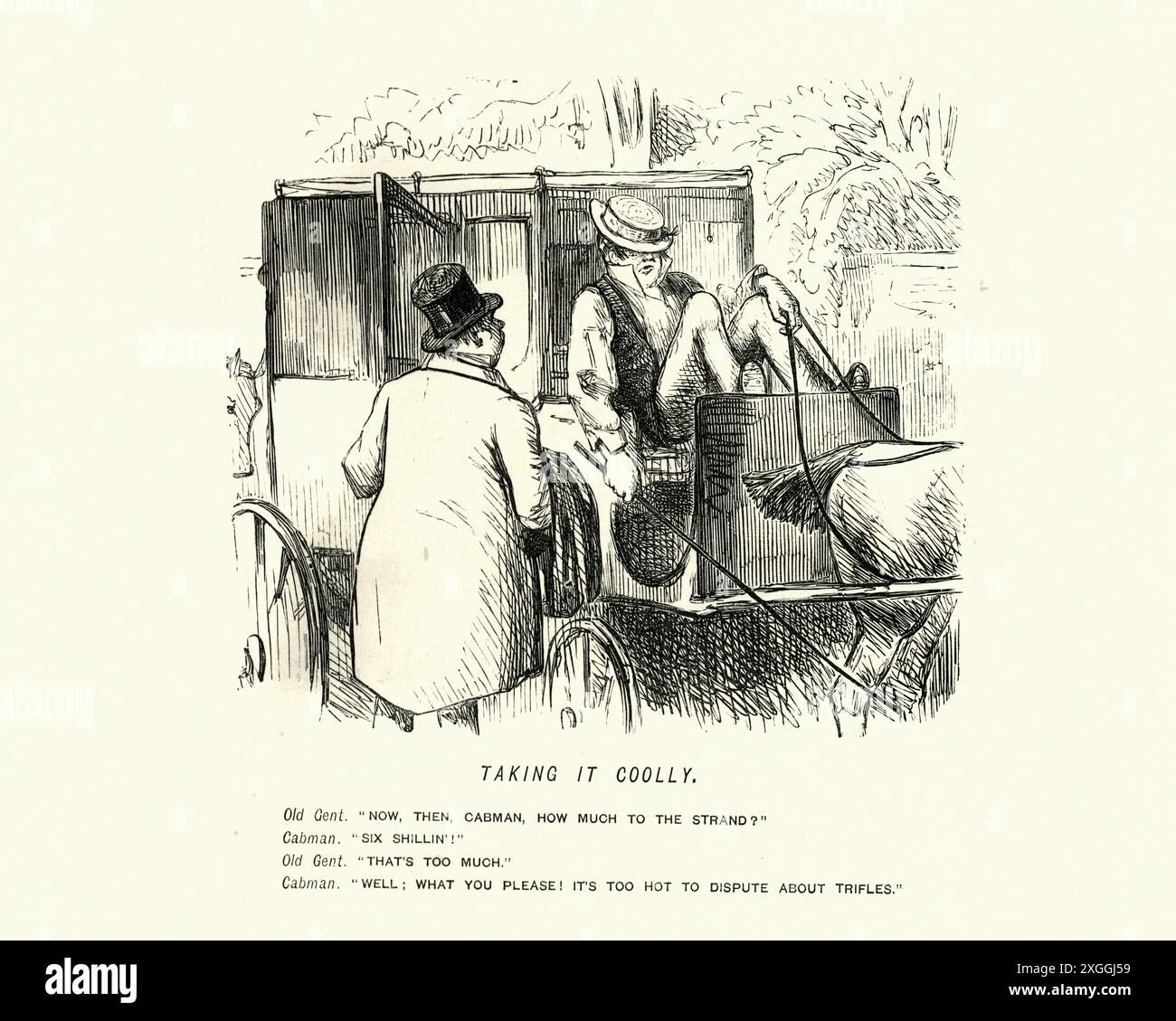 Homme de dessin animé victorien essayant de réveiller un chauffeur de taxi couché, 19ème siècle, John Leech Banque D'Images