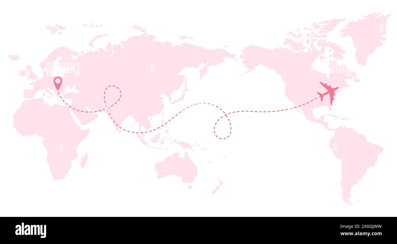 Avion et ligne pointillée au-dessus de la carte rose du monde centrée sur l'Asie et l'Océanie. Illustration vectorielle Illustration de Vecteur