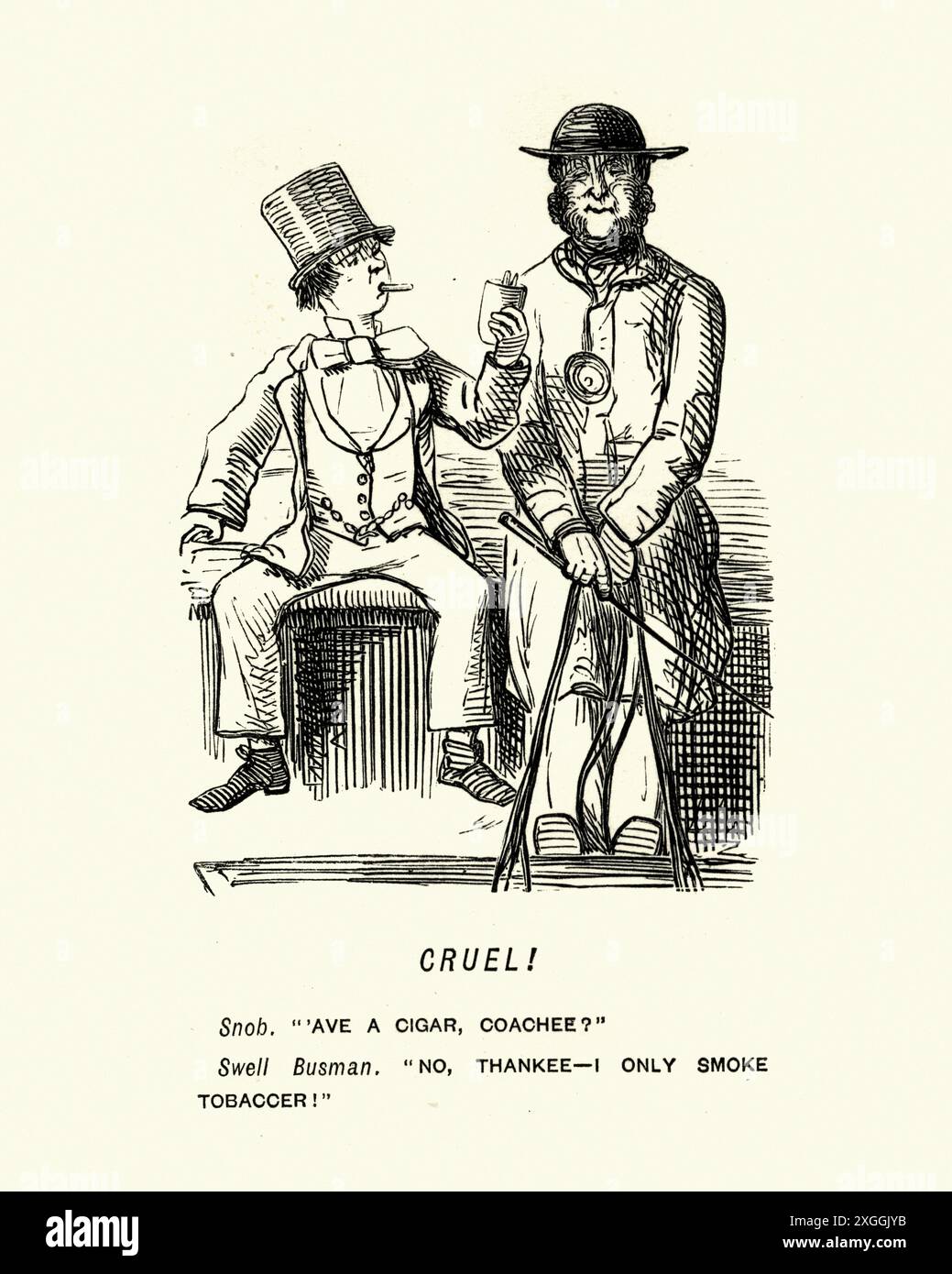 Caricature victorienne d'un homme offrant un cigare à un autre. XIXe siècle Banque D'Images