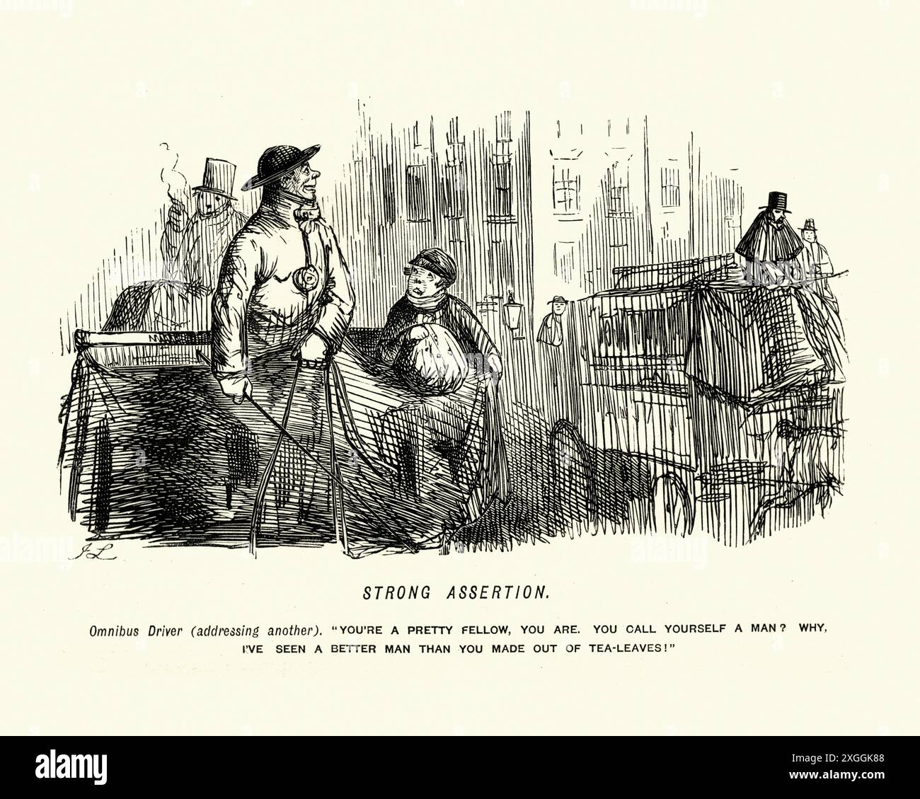 Caricature victorienne de conducteurs d'omnibus en colère criant des insultes les uns aux autres. XIXe siècle, John Leech Banque D'Images