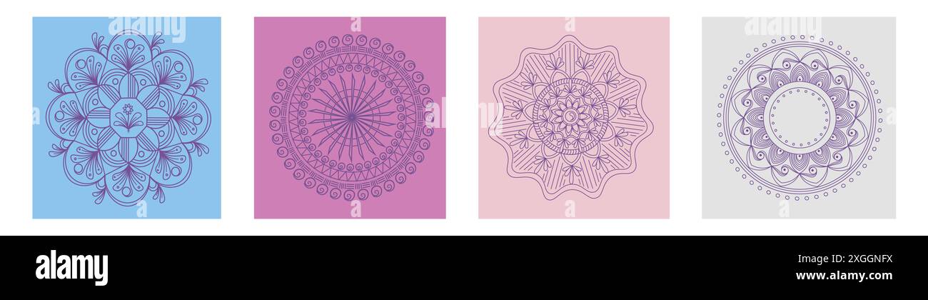 Ensemble de mandalas colorés sur un fond coloré. Ensemble de 4 mandalas différents sur différents fonds colorés Banque D'Images