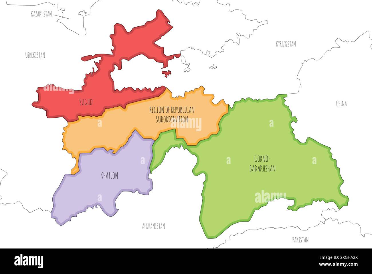 Vector illustré carte régionale du Tadjikistan avec les provinces et les divisions administratives, et les pays et territoires voisins. Modifiable et cl Illustration de Vecteur