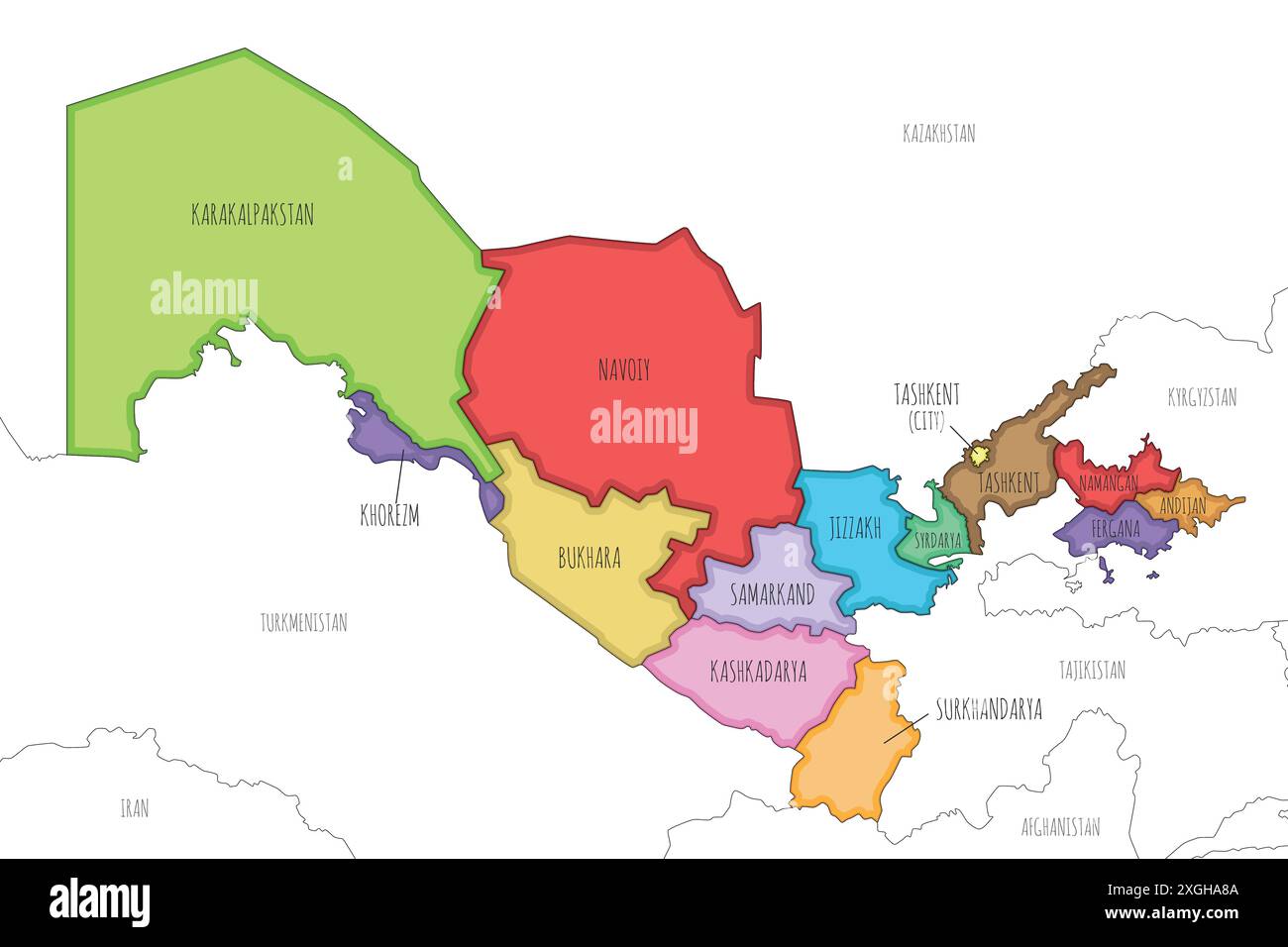 Carte illustrée vectorielle de l'Ouzbékistan avec les régions et les divisions administratives, et les pays et territoires voisins. Modifiable et clairement étiqueté Illustration de Vecteur