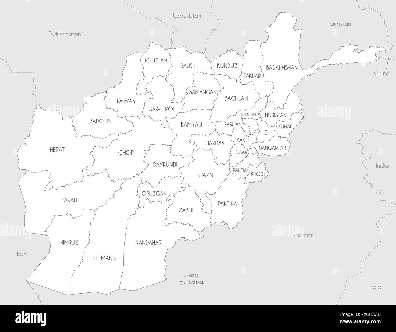 Carte vectorielle régionale de l'Afghanistan avec les provinces et les divisions administratives, et les pays et territoires voisins. Modifiable et clairement étiqueté Illustration de Vecteur