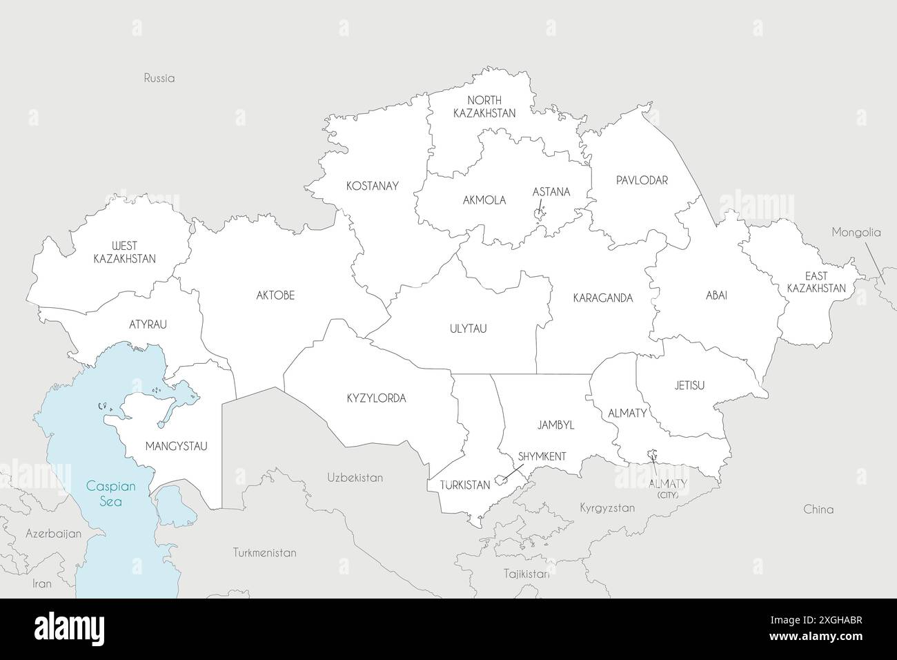 Carte vectorielle du Kazakhstan avec les régions, les villes indépendantes et les divisions administratives, et les pays et territoires voisins. Modifiable et clair Illustration de Vecteur
