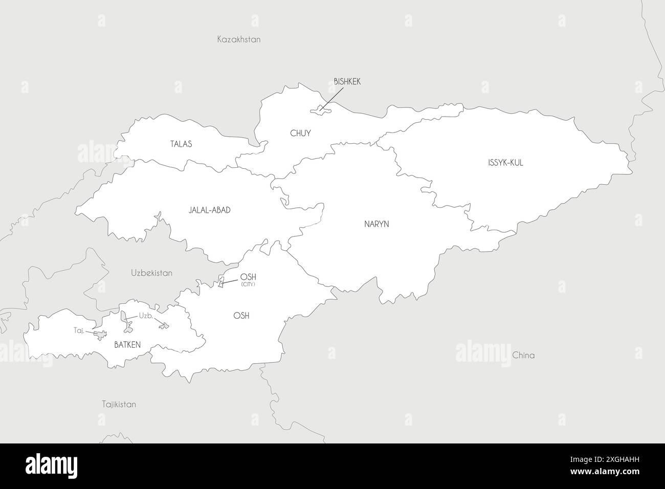 Carte vectorielle du Kirghizistan avec les régions et divisions administratives, et les pays et territoires voisins. Calques modifiables et clairement étiquetés. Illustration de Vecteur