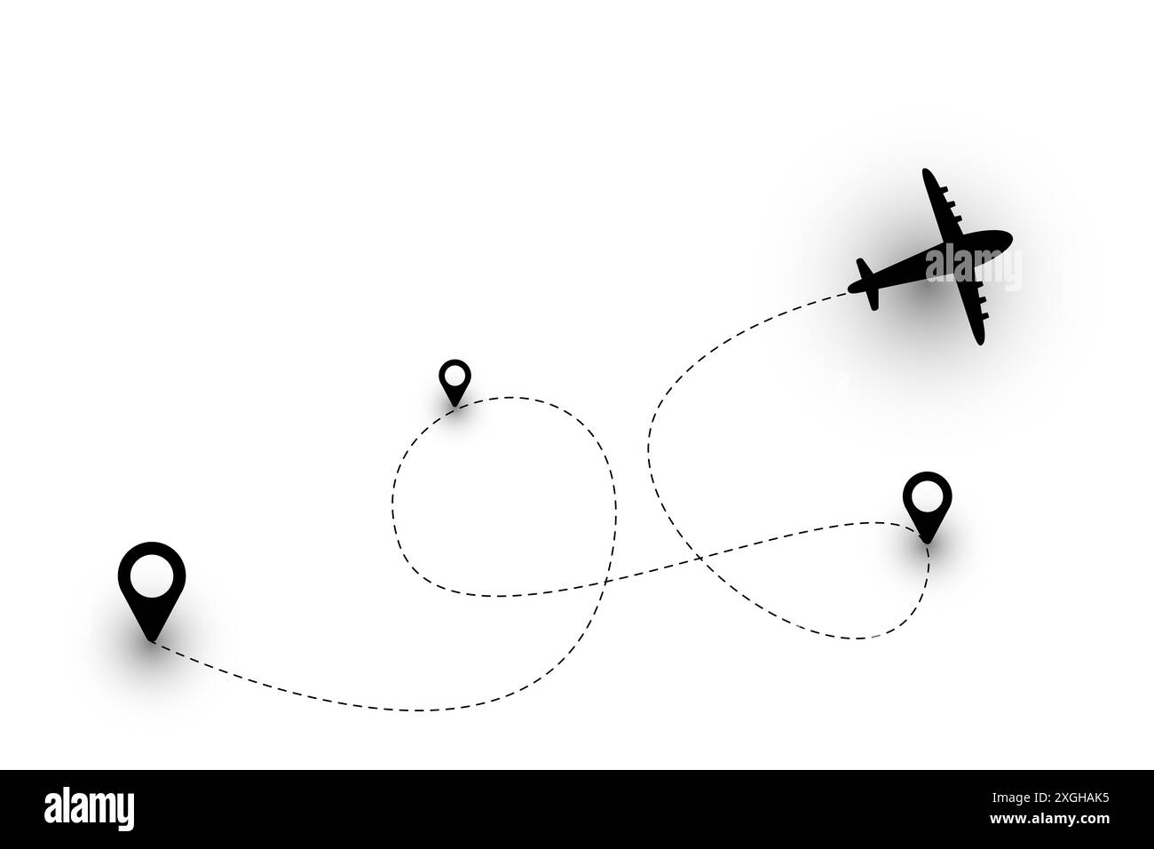 Icône de vecteur d'itinéraire d'avion d'une trajectoire de vol d'avion avec un point de départ et une ligne pointillée. Banque D'Images