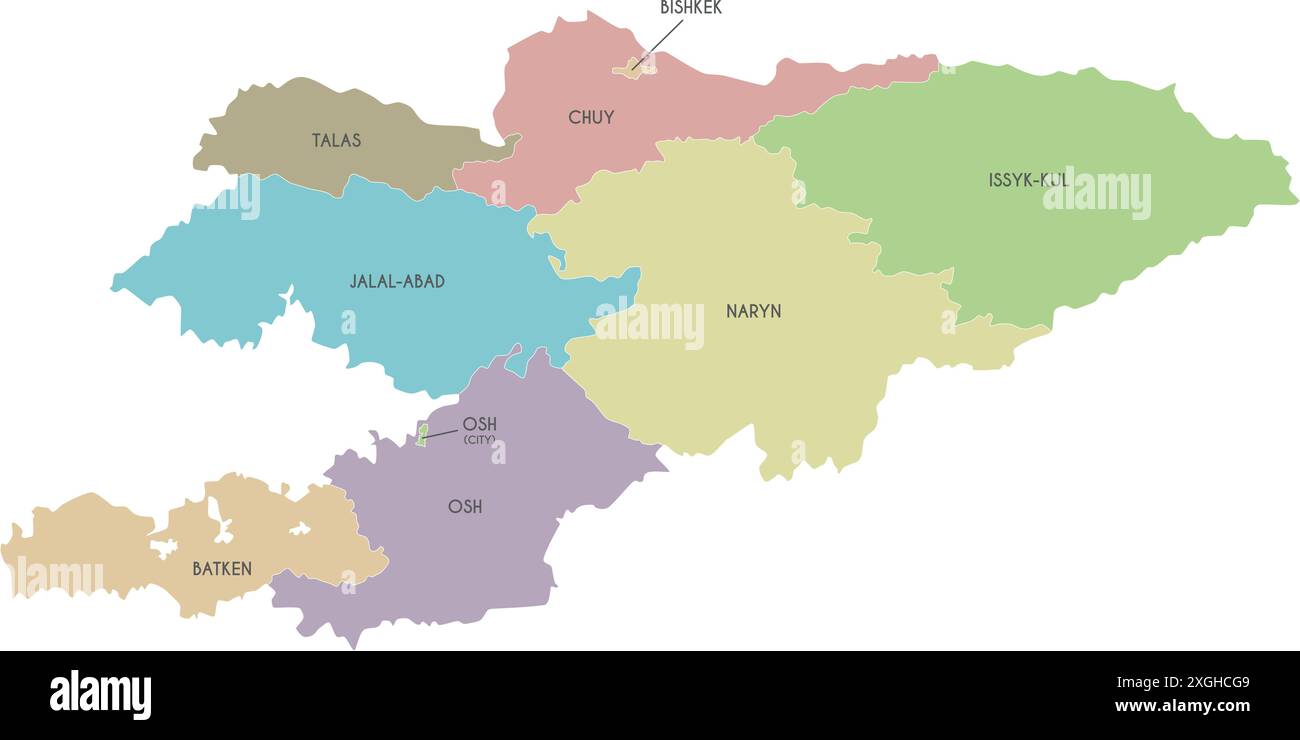 Carte vectorielle du Kirghizistan avec les régions et les divisions administratives. Calques modifiables et clairement étiquetés. Illustration de Vecteur