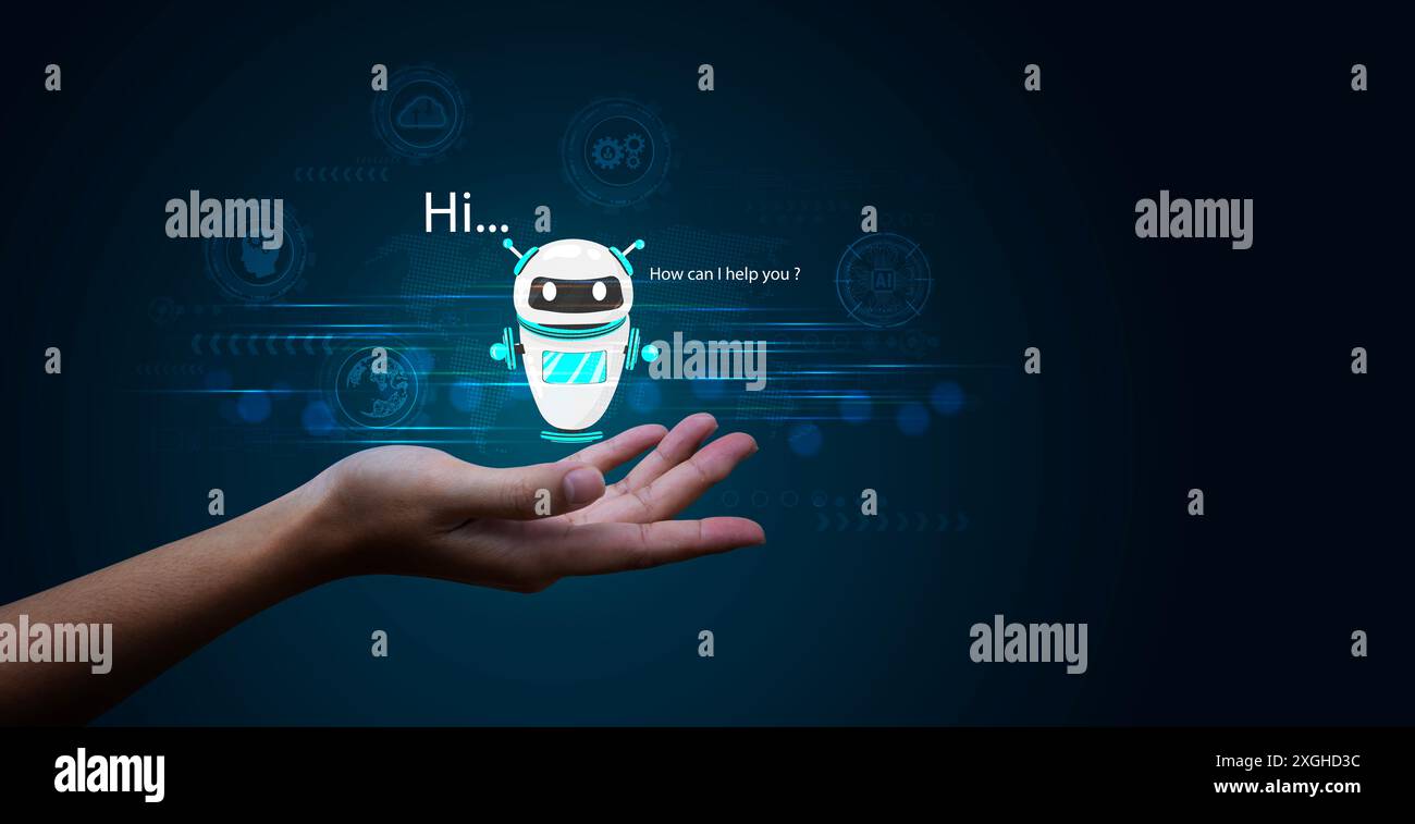 Touchez main chatbot numérique pour accéder aux informations et aux données du réseau en ligne. Applications robotiques et connectivité globale IA Intelligence artificielle Banque D'Images