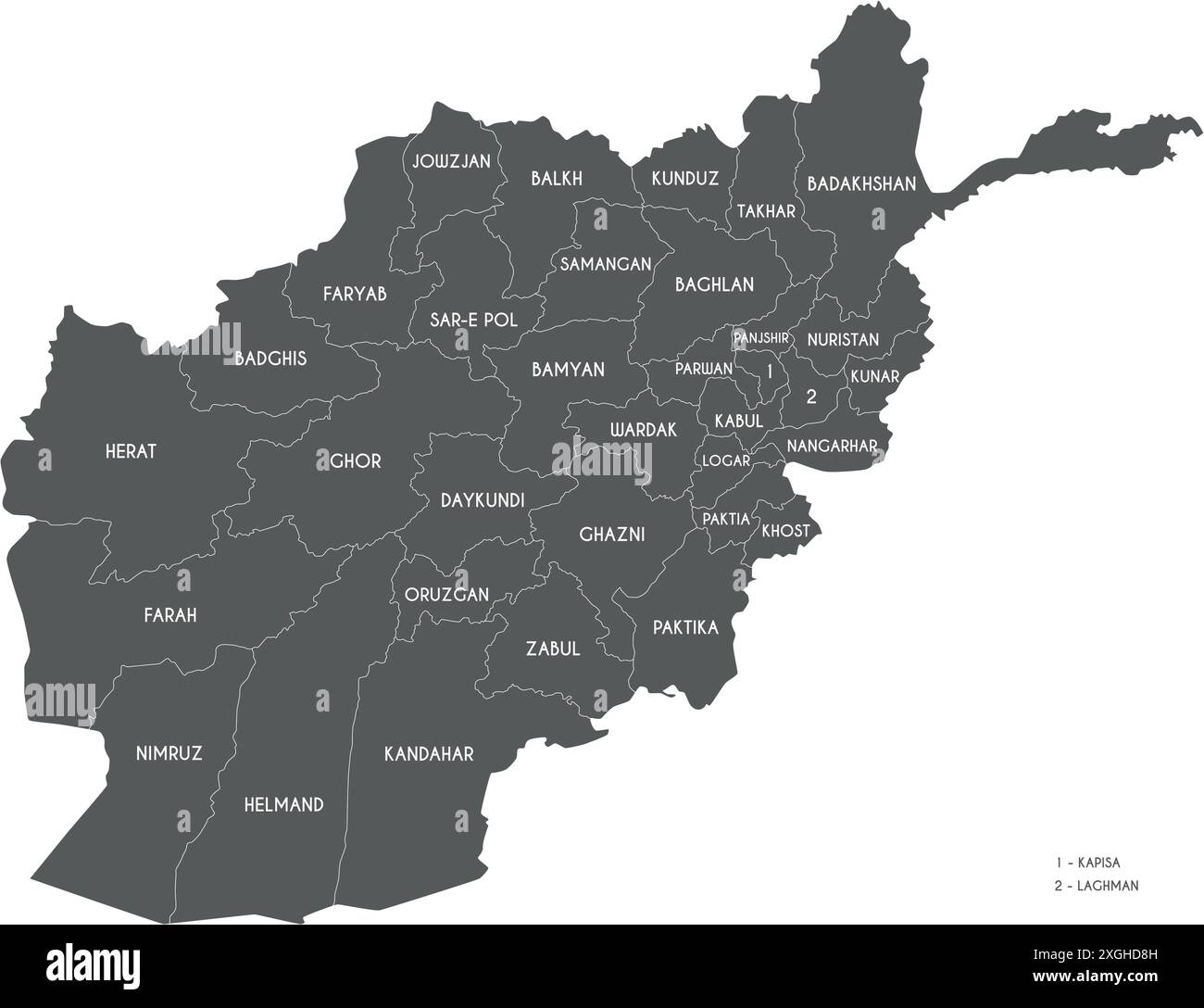 Carte vectorielle régionale de l'Afghanistan avec les provinces ou territoires et les divisions administratives. Calques modifiables et clairement étiquetés. Illustration de Vecteur