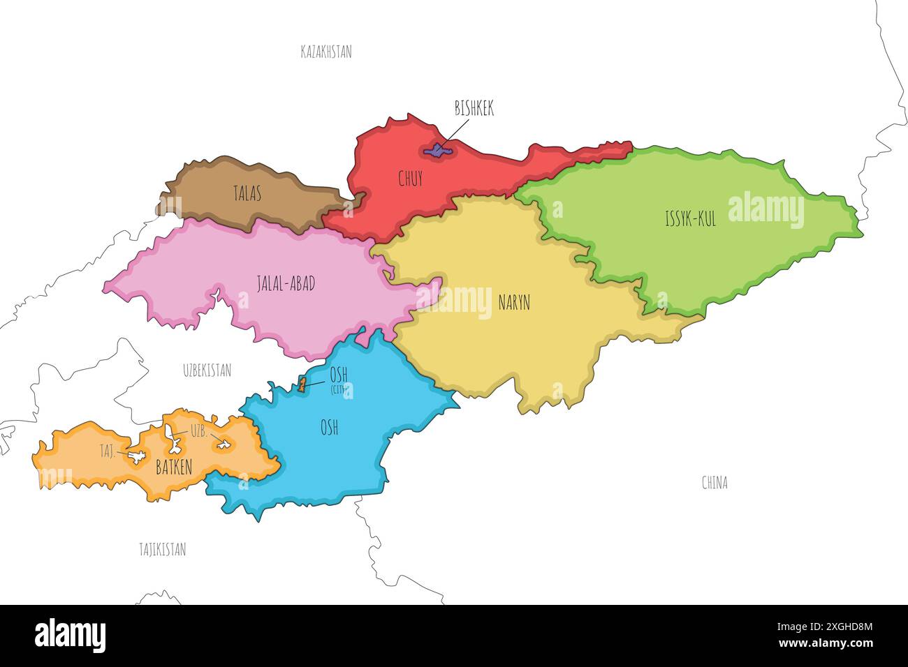 Carte illustrée vectorielle du Kirghizistan avec les régions et les divisions administratives, et les pays et territoires voisins. Modifiable et clairement étiqueté Illustration de Vecteur