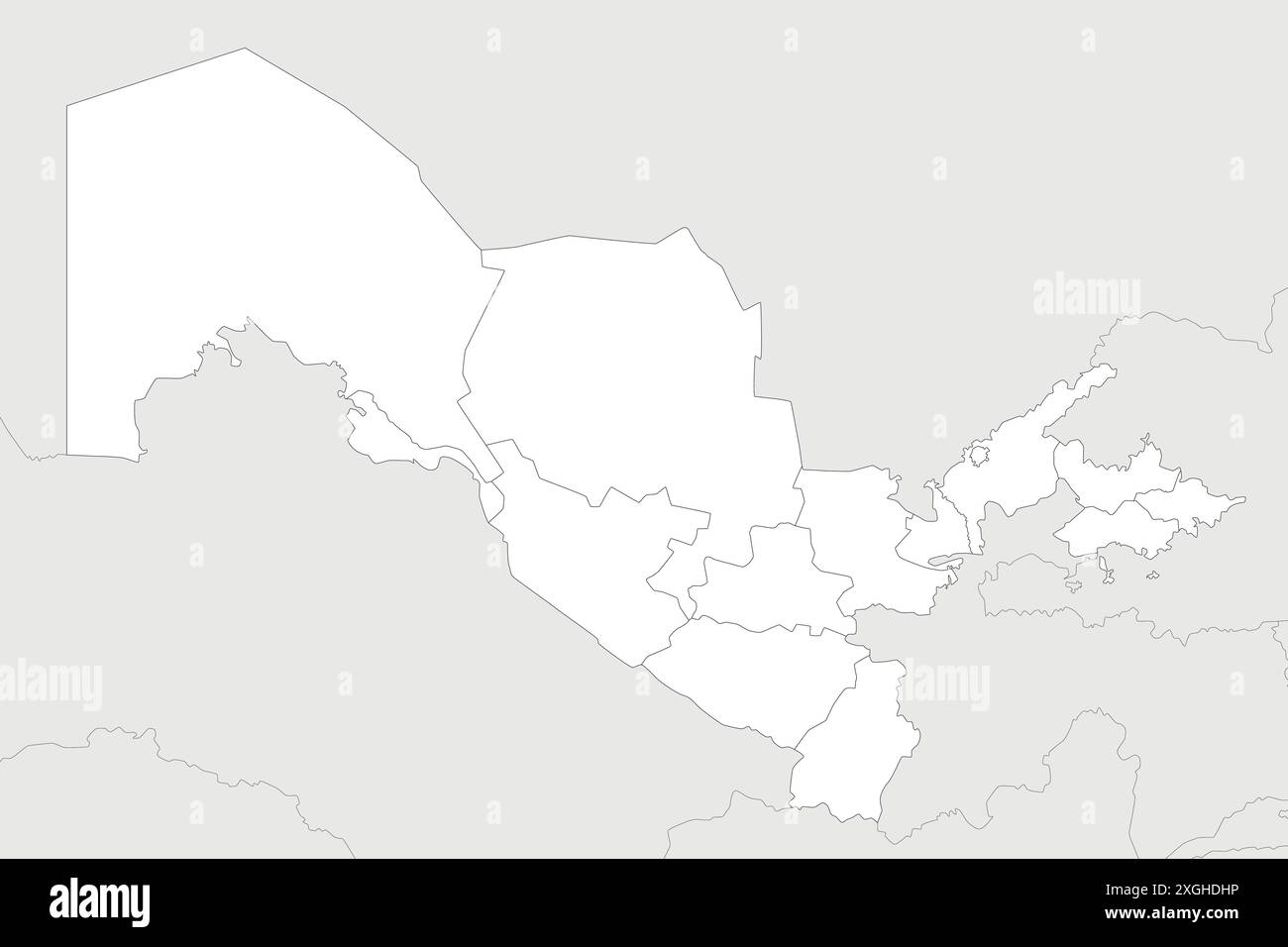 Carte blanche vectorielle de l'Ouzbékistan avec les régions et les divisions administratives, et les pays et territoires voisins. Pose modifiable et clairement étiquetée Illustration de Vecteur
