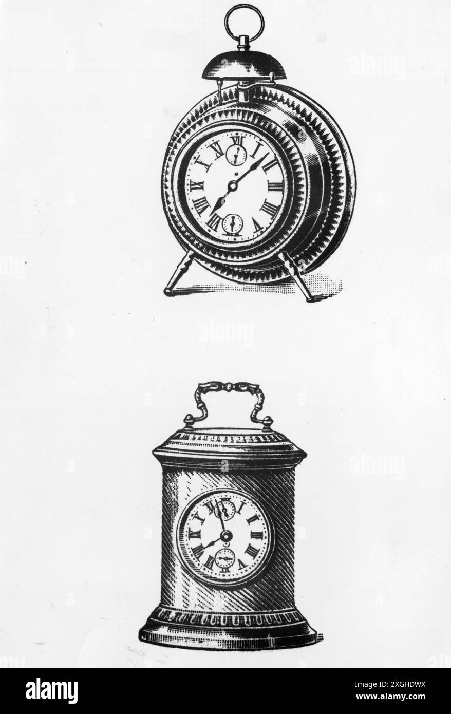 Horloge, réveil, réveil avec cloche, réveil en forme de cylindre, gravure sur bois, AUTORISATION-SUPPLÉMENTAIRE-INFO-NOT-AVAILABLE Banque D'Images