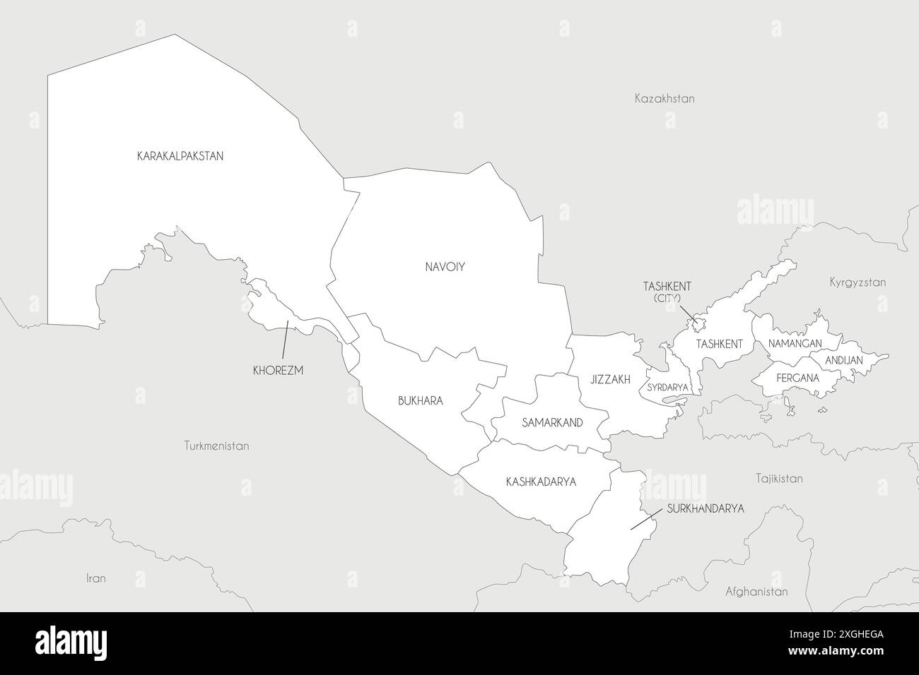 Carte vectorielle de l'Ouzbékistan avec les régions et les divisions administratives, et les pays et territoires voisins. Calques modifiables et clairement étiquetés. Illustration de Vecteur