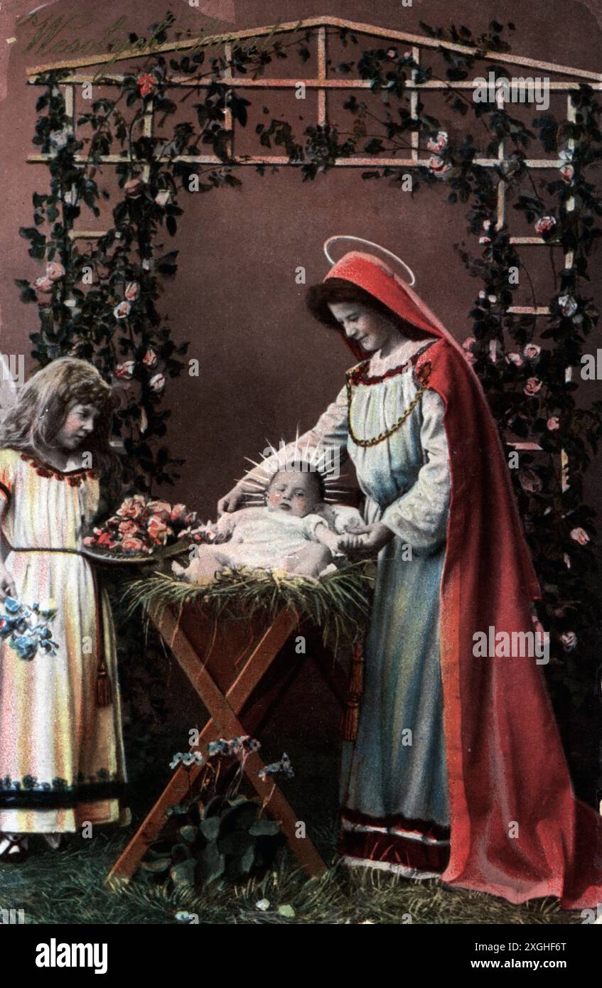 Noël, carte de voeux, Marie avec l'enfant Jésus dans la scène de la Nativité, carte postale, DROITS-SUPPLÉMENTAIRES-AUTORISATION-INFO-NON-DISPONIBLE Banque D'Images