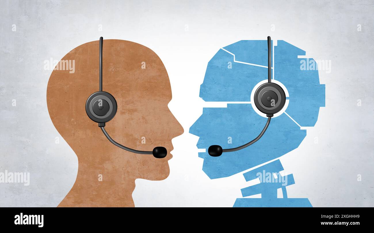 AI Chatbot et Human Service à la clientèle comme un traditionnel et robot ou robotique Automation remplaçant les humains comme employés étant remplacés par Artificial inte Banque D'Images