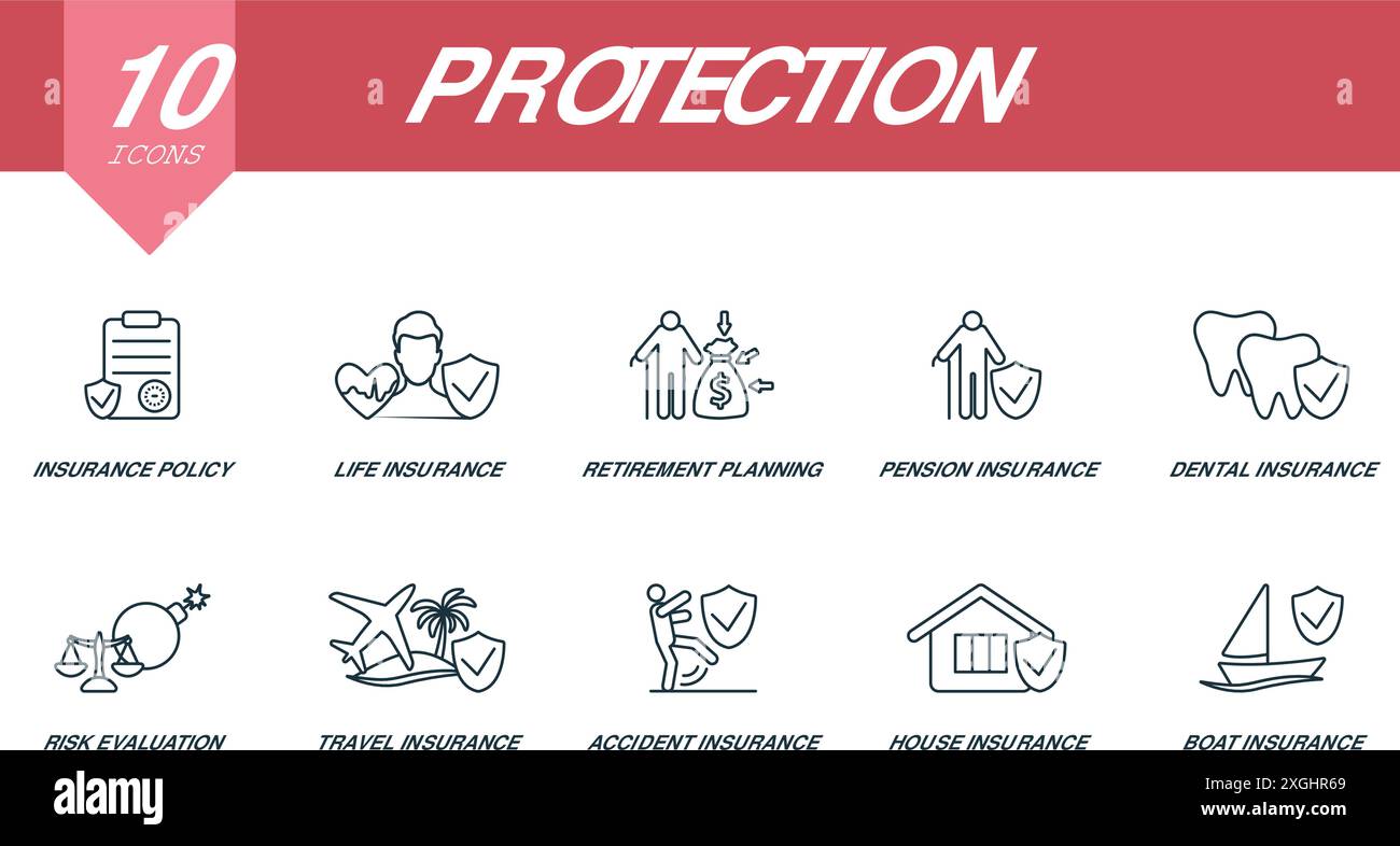 Icônes de contour de protection définies. Icônes créatives : police d'assurance, assurance vie, planification de la retraite, assurance pension et plus encore Illustration de Vecteur