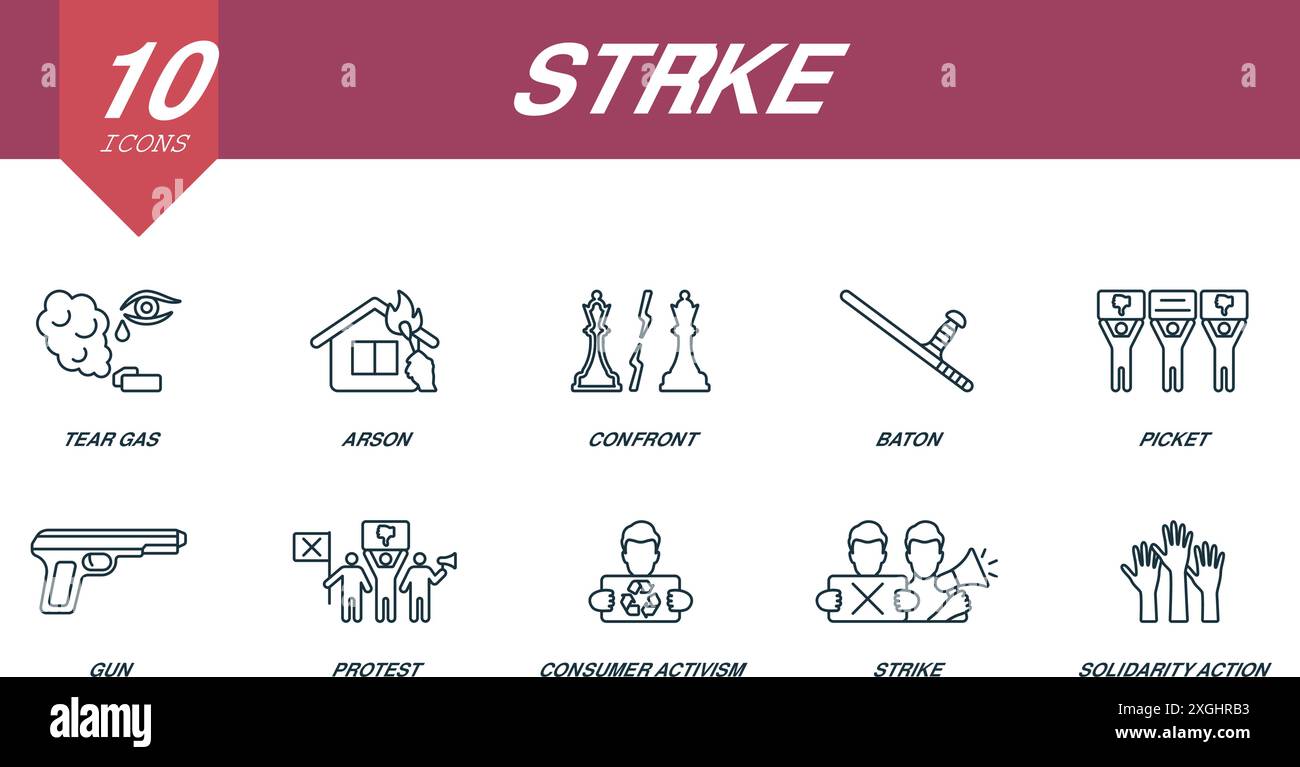 Icônes de contour de grève définies. Icônes créatives : gaz lacrymogène, incendie criminel, confrontation, matraque, piquet, arme à feu, protestation, activisme des consommateurs, grève, action solidaire. Illustration de Vecteur