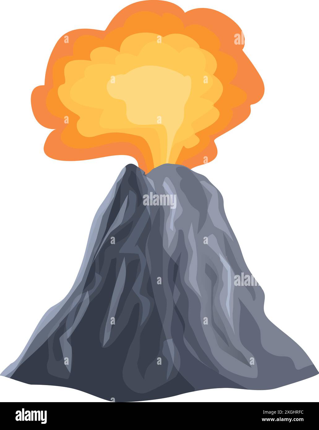 Grand volcan gris en éruption avec des roches de lave fondues, crachant des cendres chaudes et de la fumée Illustration de Vecteur