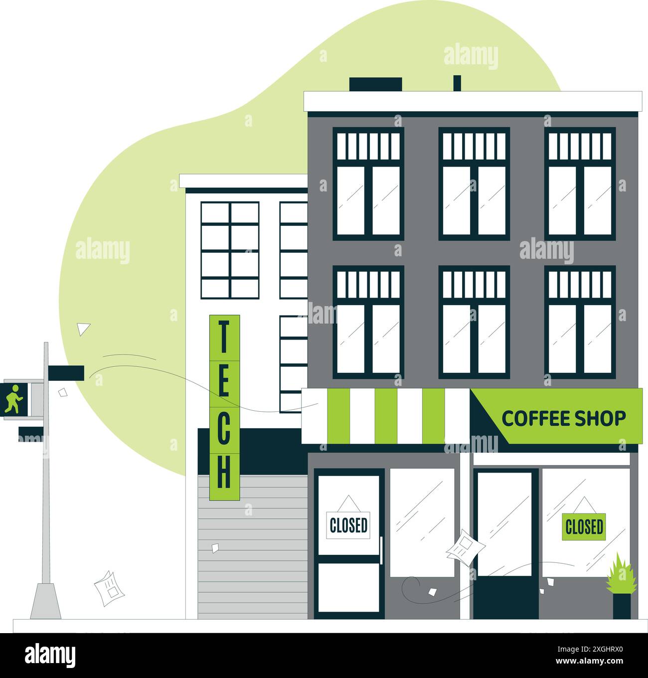 Magasins fermés, concept d'entreprise fermé, illustration vectorielle de personnes minuscules plates. Banqueroute petit magasin d'entreprise, arrêtant l'activité commerciale. Illustration de Vecteur