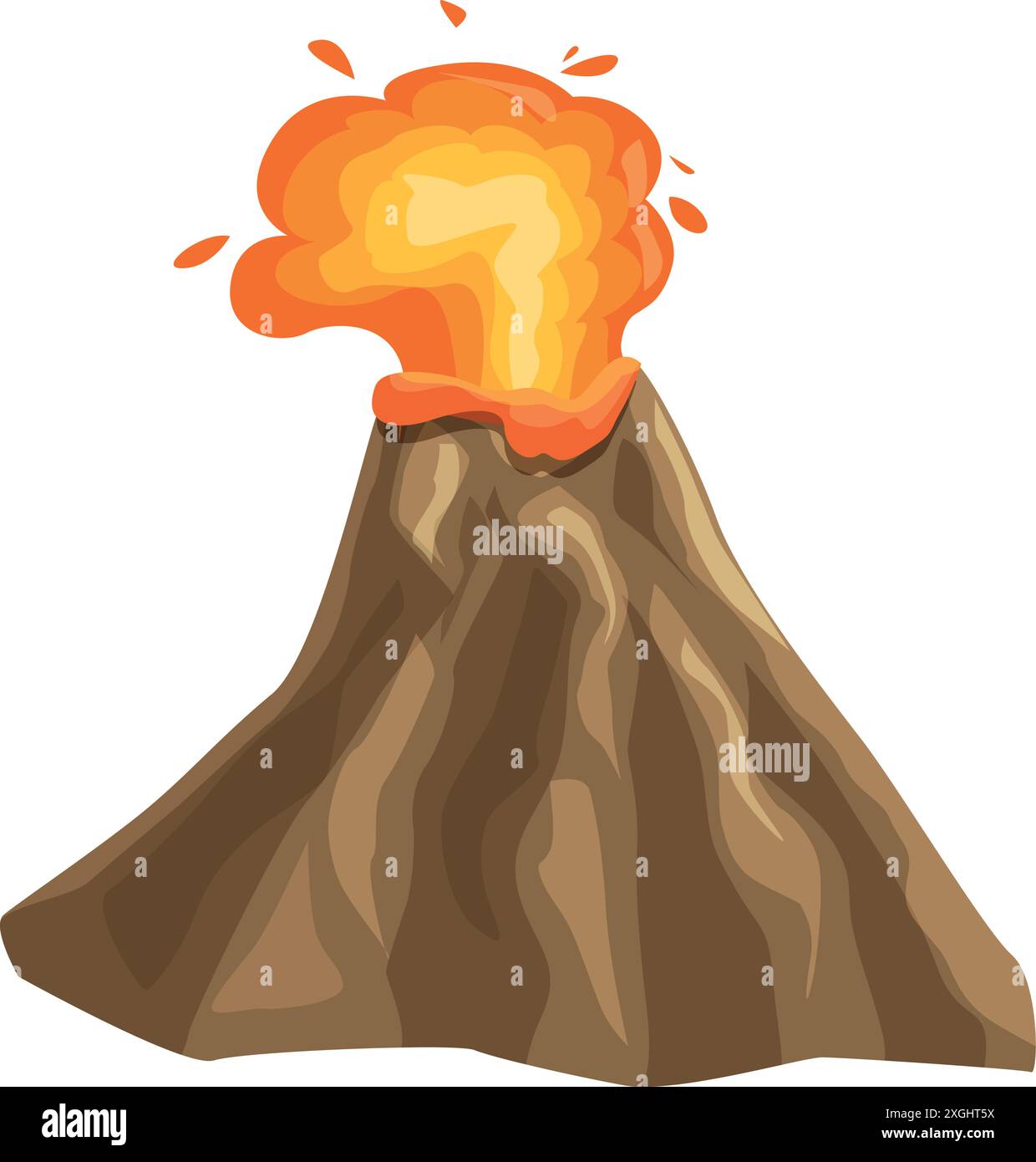 Volcan de dessin animé en éruption, crachant chaud, lave orange et rochers Illustration de Vecteur