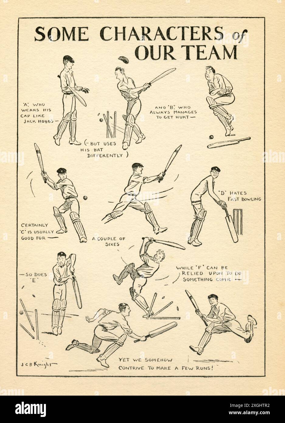 Personnages de l'équipe de cricket, 1932 caricatures de la variété de batteurs que vous pourriez trouver dans votre village club de cricket local Banque D'Images