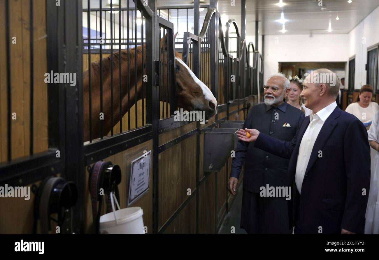 Novo-Ogaryovo, Russie. 08 juillet 2024. Le président russe Vladimir Poutine, à droite, offre une carotte à son cheval de course alors que le premier ministre indien Narendra Modi, à gauche, regarde lors d’une visite des écuries de la résidence présidentielle de Novo-Ogaryovo, le 8 juillet 29024 dans l’oblast de Moscou, en Russie. Crédit : Gavriil Grigorov/Kremlin Pool/Alamy Live News Banque D'Images