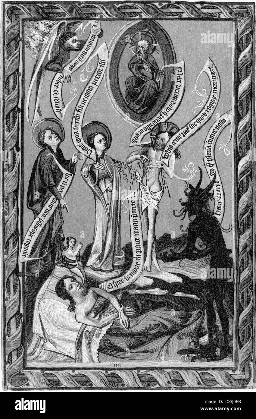 Religion, christianisme, allégorie, contraste entre la vierge Marie et le diable, gravure sur bois, ADDITIONAL-RIGHTS-CLEARANCE-INFO-NOT-AVAILABLE Banque D'Images